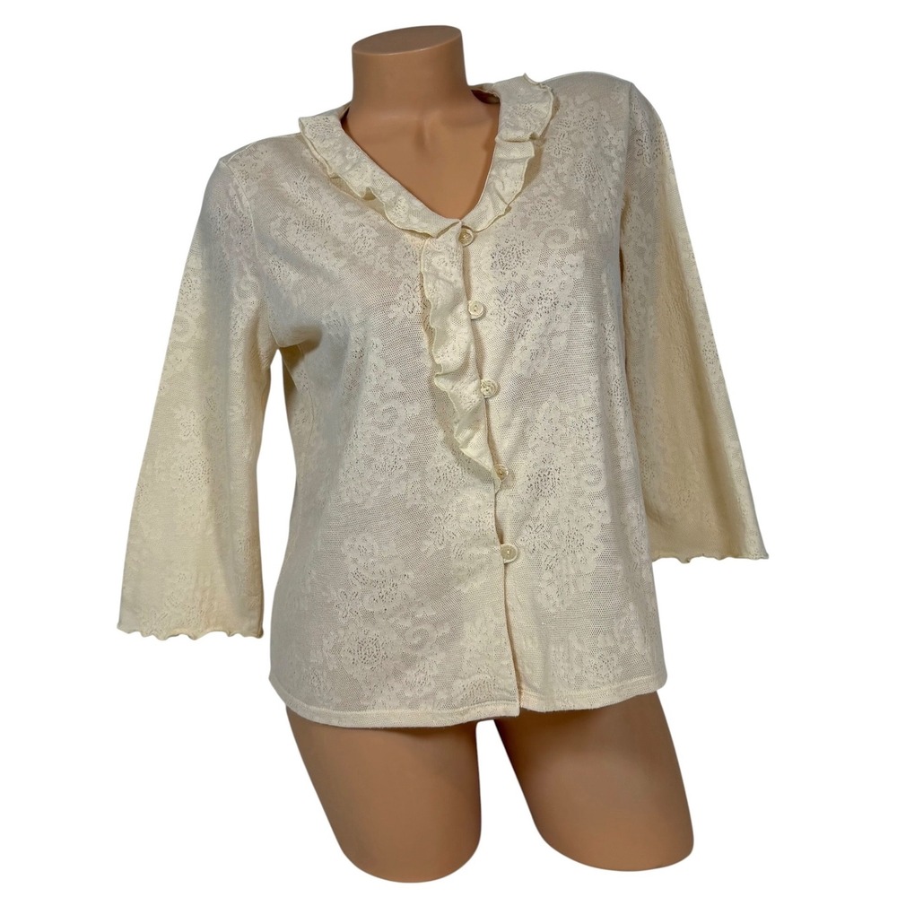 J. Jill Cream Floral Lace Ruffle Button Front Cardigan 3/4 Sleeve Size Small VTG